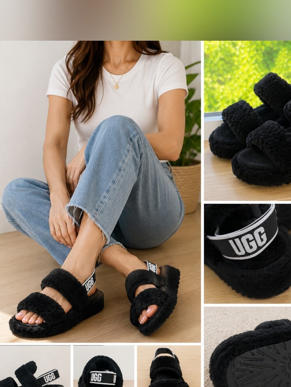 UGG Black Fuzzy Slide with Elastic Heel Strap
